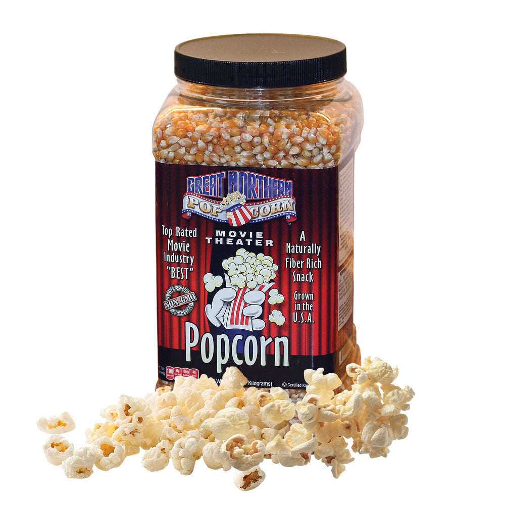 Great Northern 7lb jug of yellow kernels ready for bulk popping in home theater setups