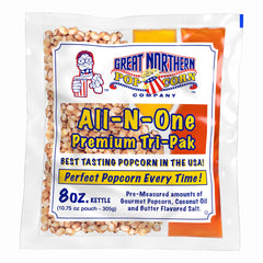Great Northern Popcorn 8oz packs package showing pre-measured kits for quick, mess-free popping