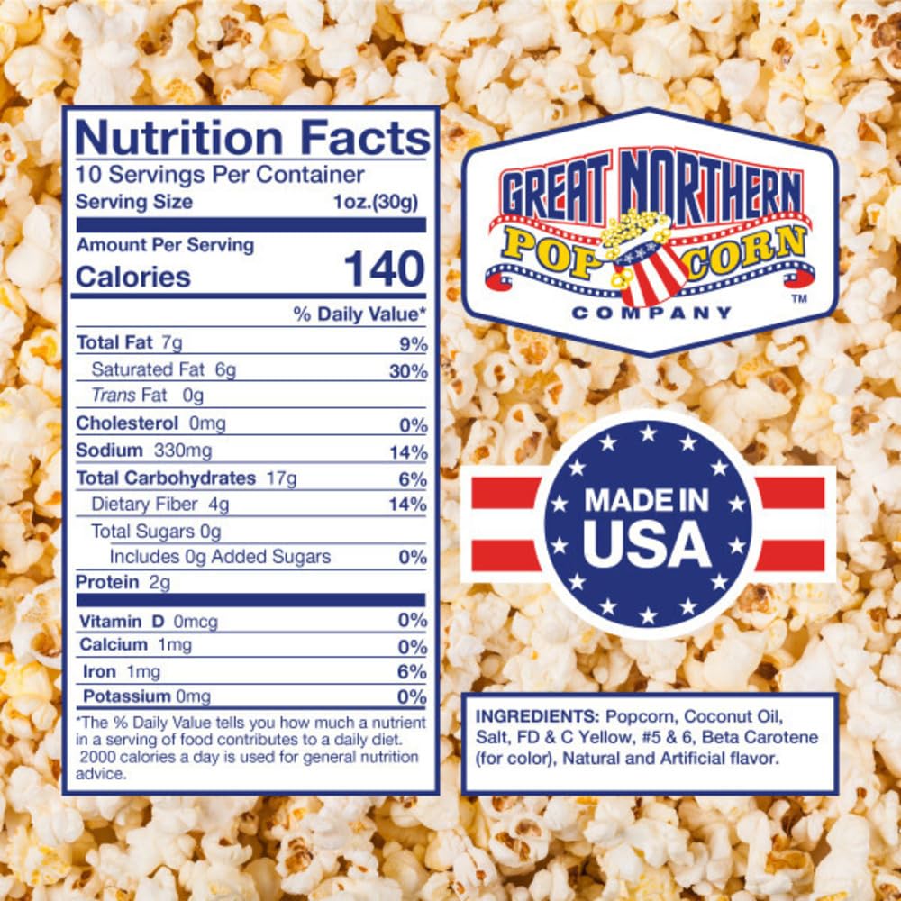 Great Northern Popcorn all-in-one pack close-up, kernels, coconut oil, butter salt.