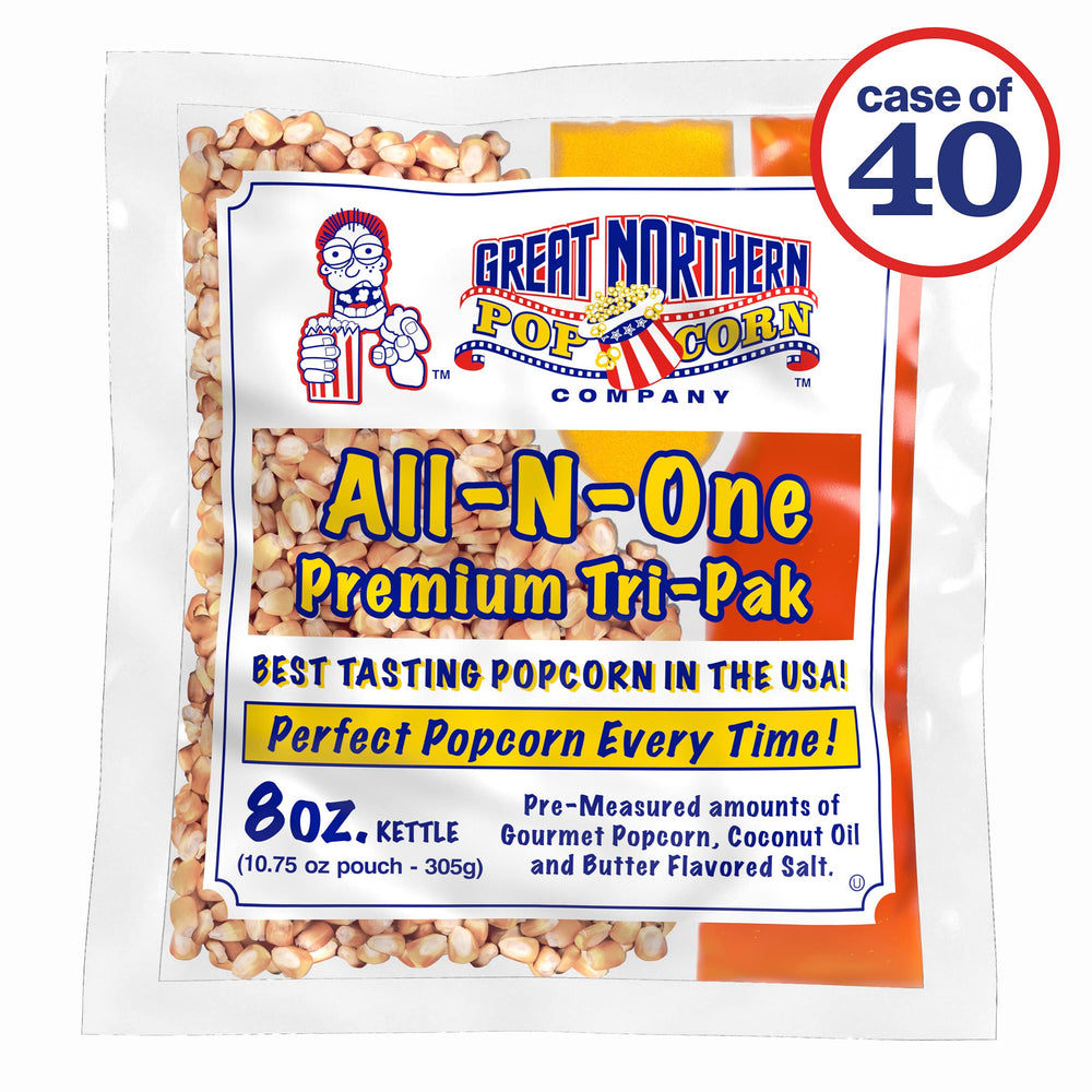 Great Northern Popcorn all-in-one packs contents image emphasizing ready-to-use ingredients for theater-style results