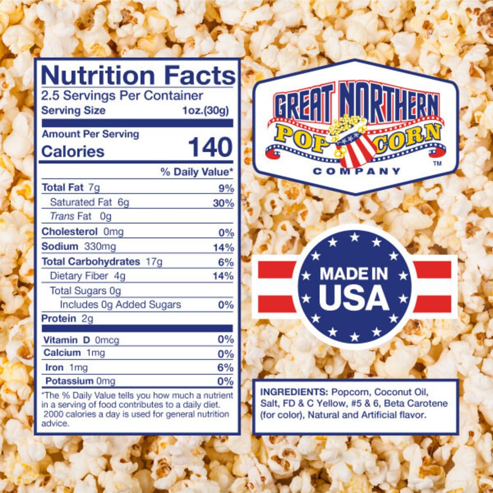 Great Northern Popcorn coconut oil and butter salt for rich flavor.