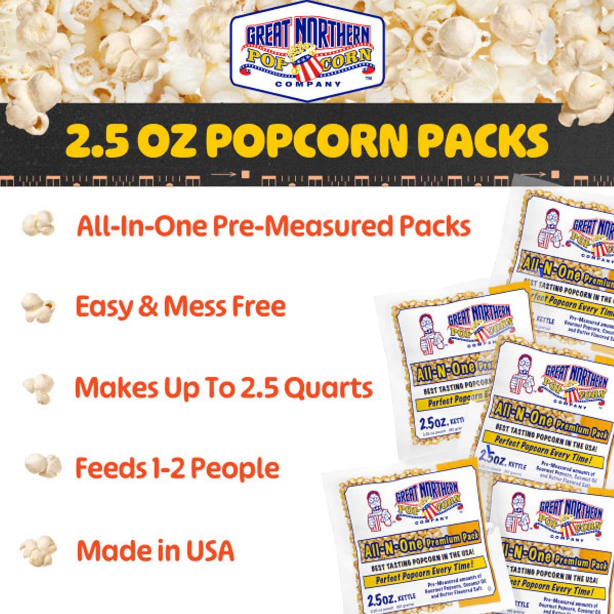 Great Northern Popcorn kernel coconut oil salt highlights premium theater style flavor and ingredients.