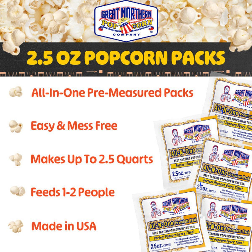 Great Northern Popcorn kernel coconut oil salt highlights premium theater style flavor and ingredients.