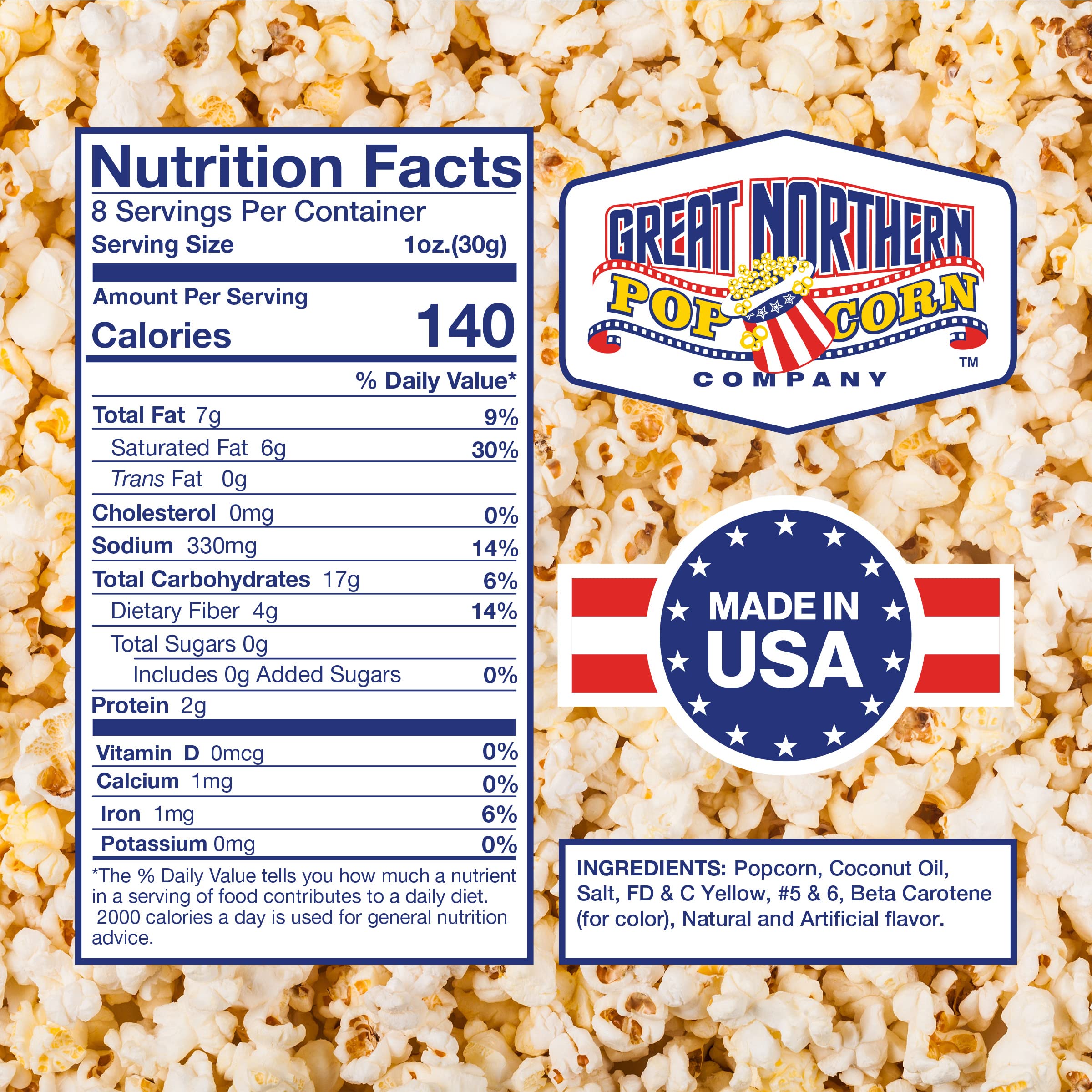 Great Northern Popcorn kernels coconut oil and butter salt deliver theater flavor