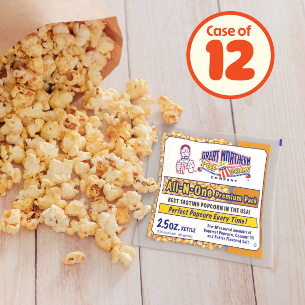 Great Northern Popcorn packets open pour demonstrating easy integration with any popper.