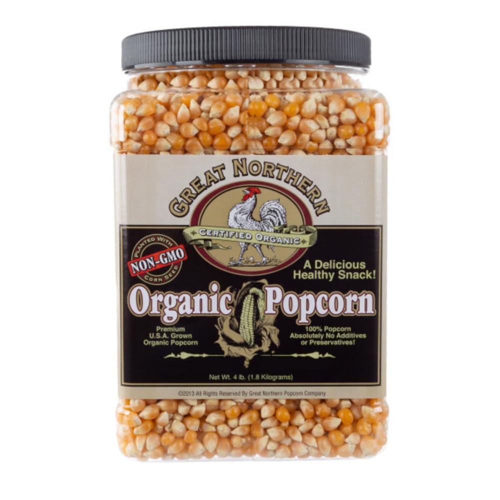 Great Northern Popcorn Organic Kernels Jug shows GMO-free, organic kernels for home theater snacking