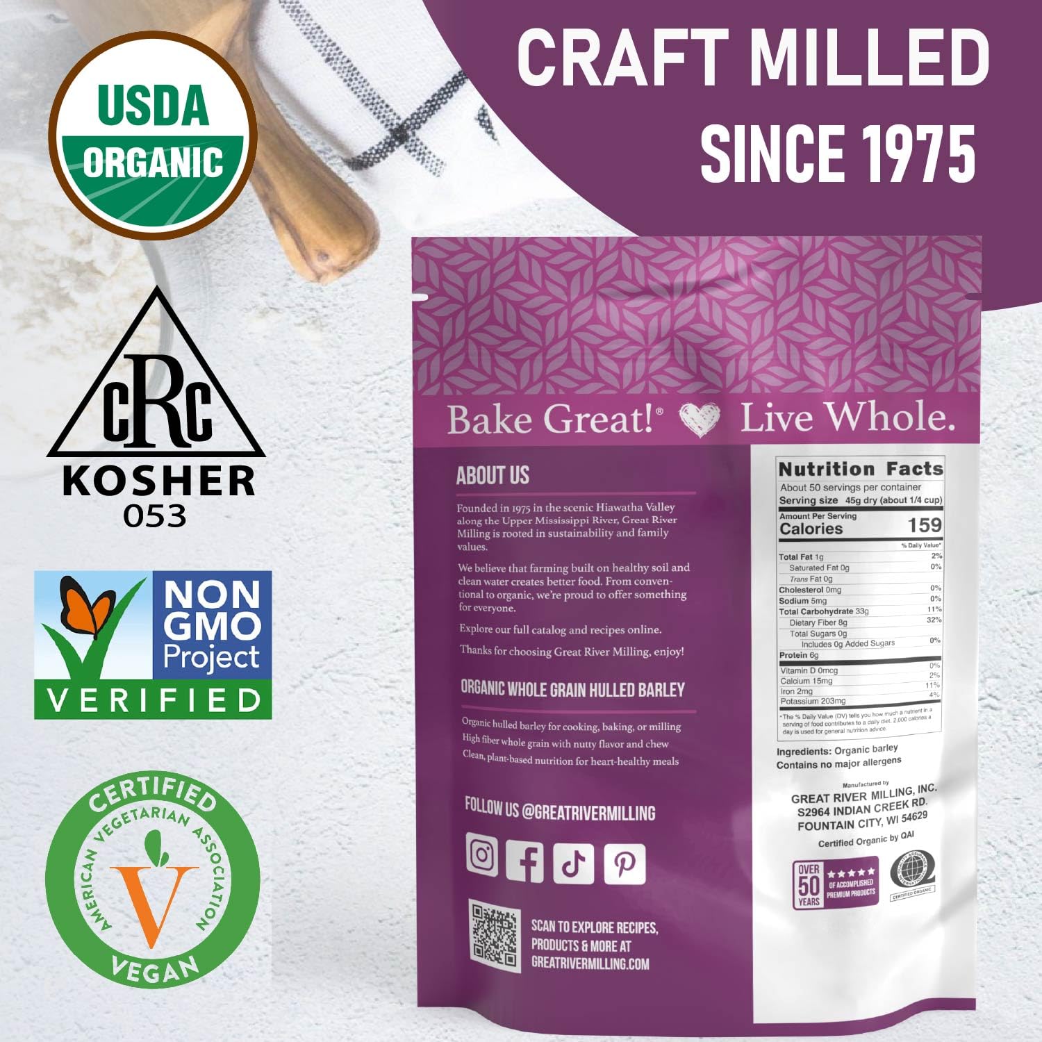 Great River Milling 5 lb pantry bag on kitchen counter, easy long-term storage for meals.