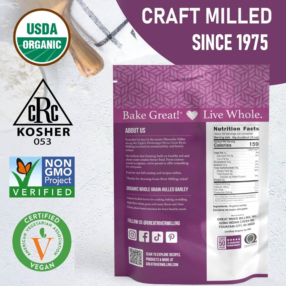 Great River Milling 5 lb pantry bag on kitchen counter, easy long-term storage for meals.