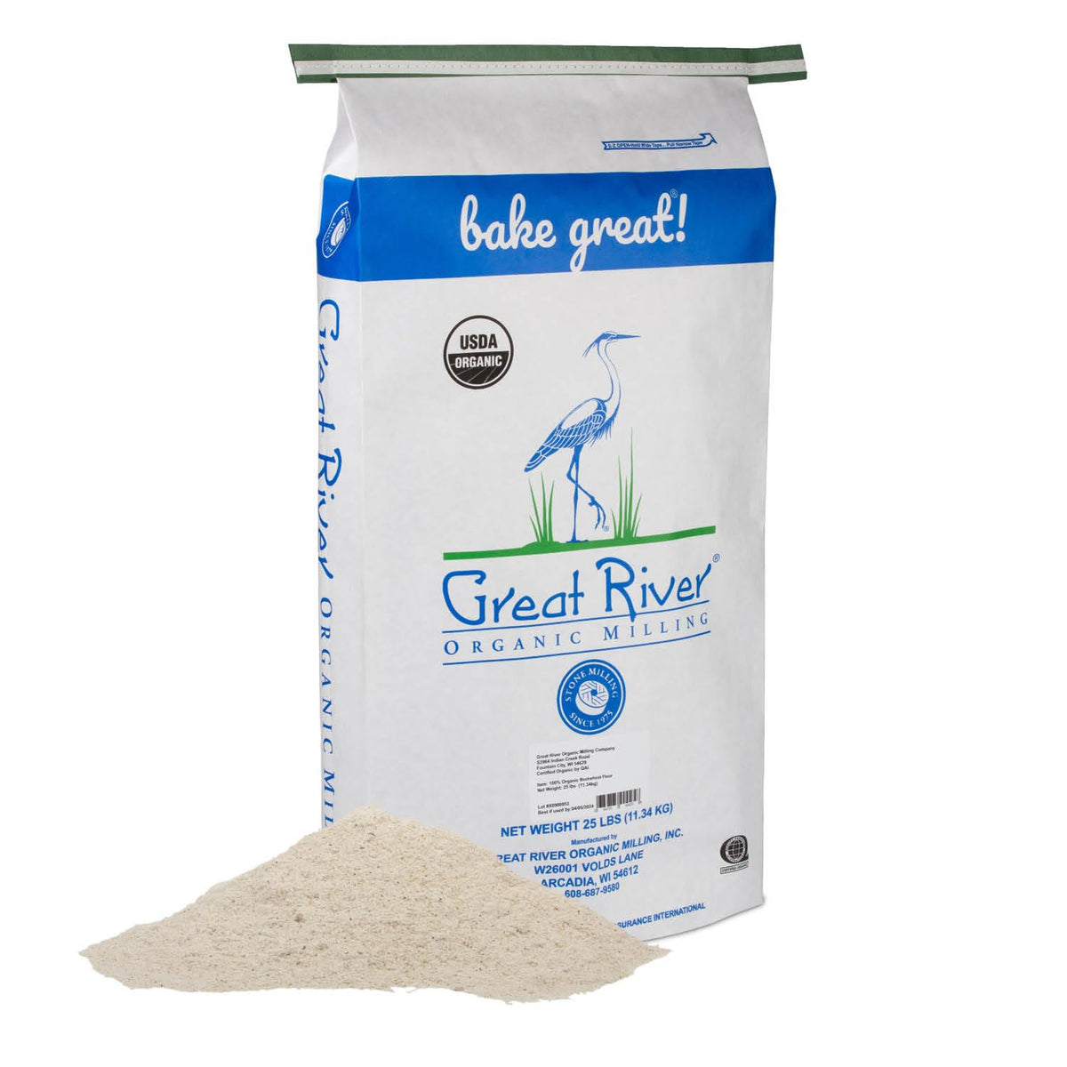 Great River Milling buckwheat flour bag front shows organic gluten free option.