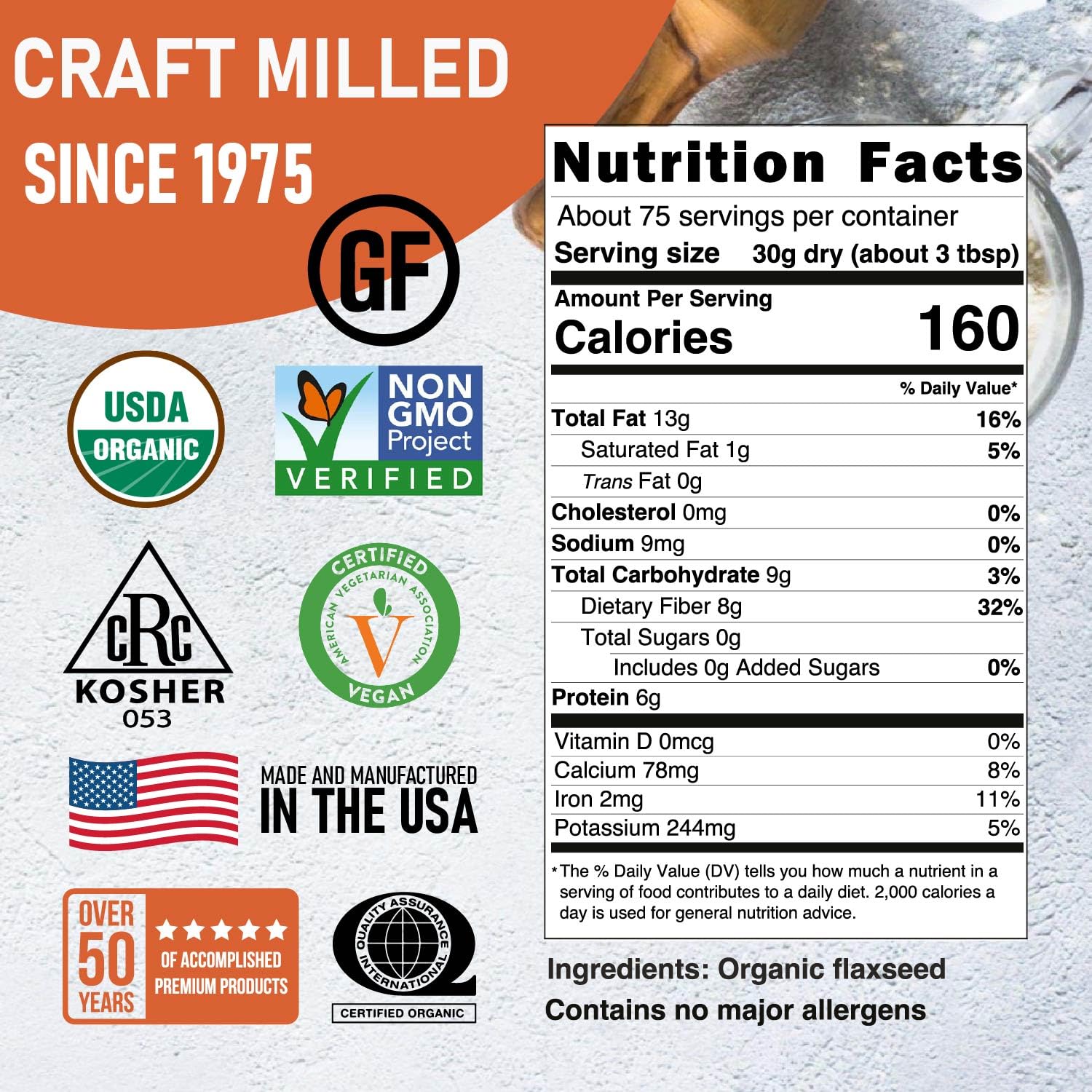 Great River Milling ground flaxseed for smoothies and baking, rich in omega-3s.