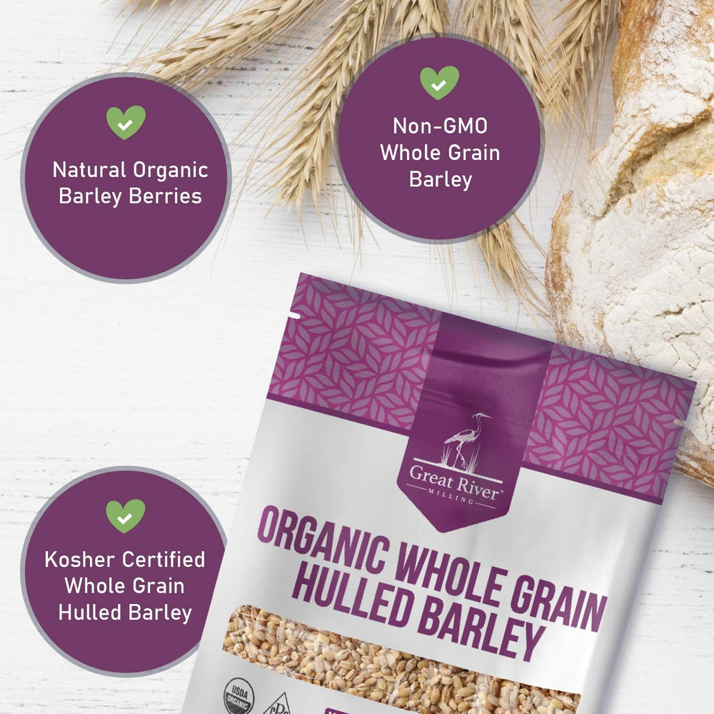 Great River Milling hulled barley grains in a grinder, hinting at home milling into flour.