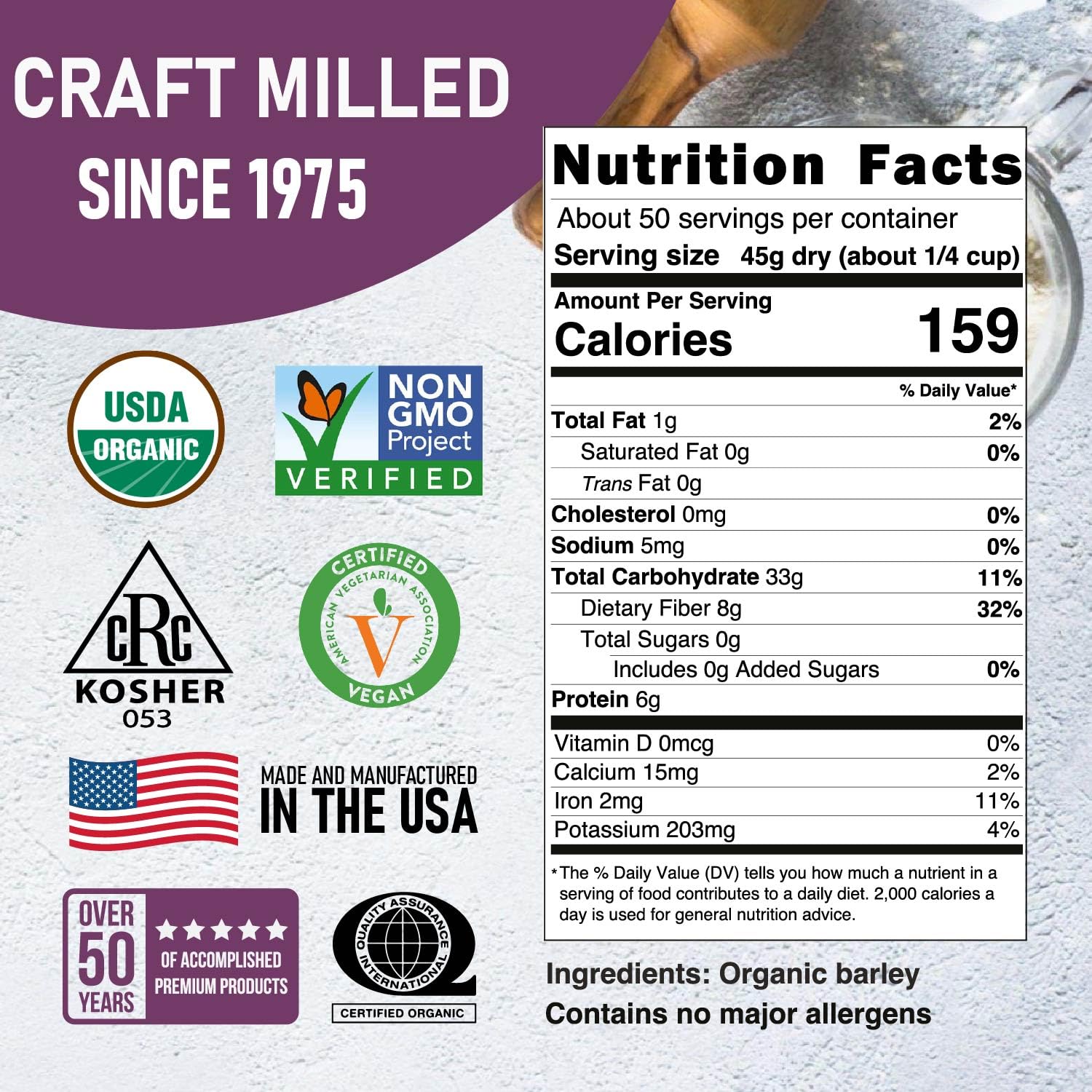 Great River Milling hulled barley kernels close-up, showing nutty texture and whole grain quality.