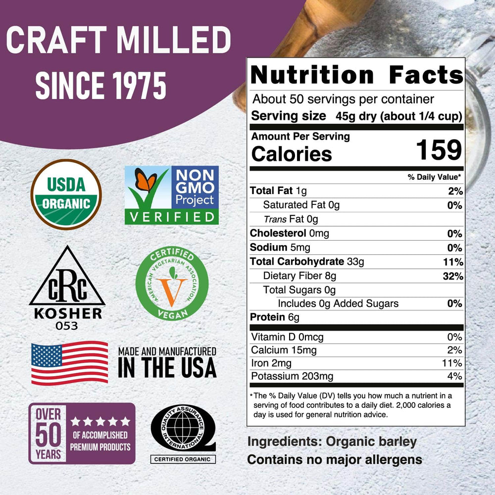 Great River Milling hulled barley kernels close-up, showing nutty texture and whole grain quality.
