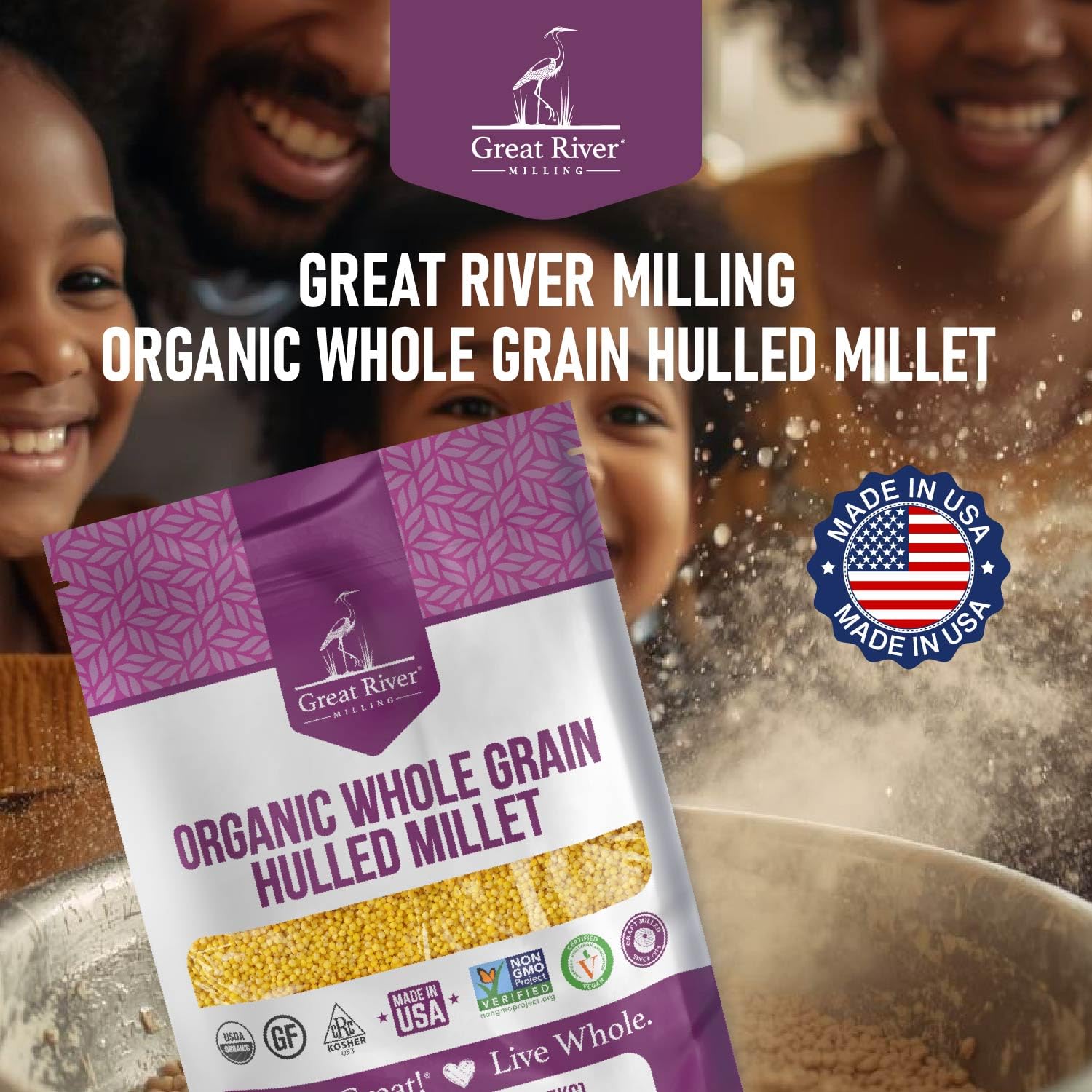 Great River Milling hulled millet texture in a bowl, hearty bite.