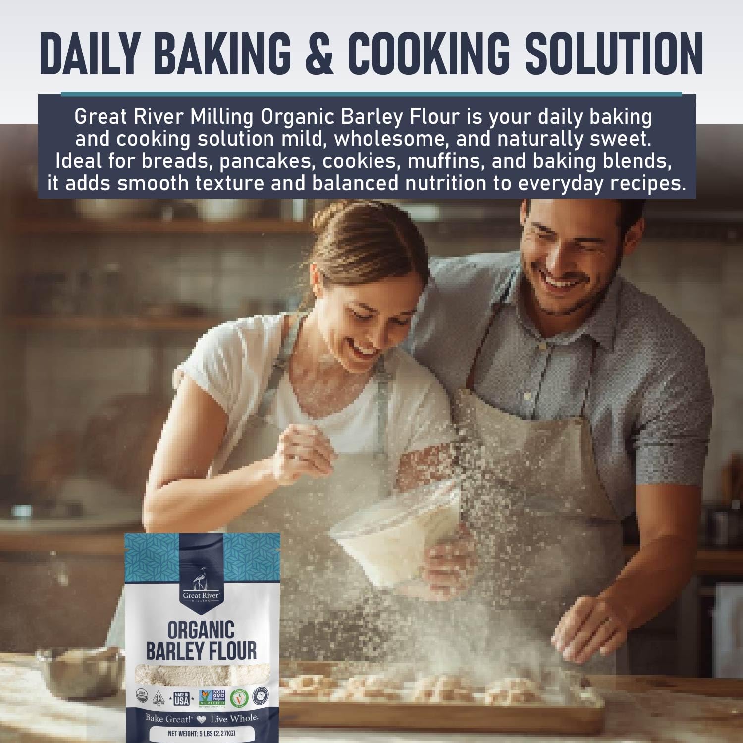 Great River Milling Organic Barley Flour bulk-pack on pantry shelf