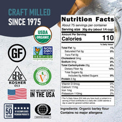 Great River Milling Organic Barley Flour scoop beside flour in a bowl