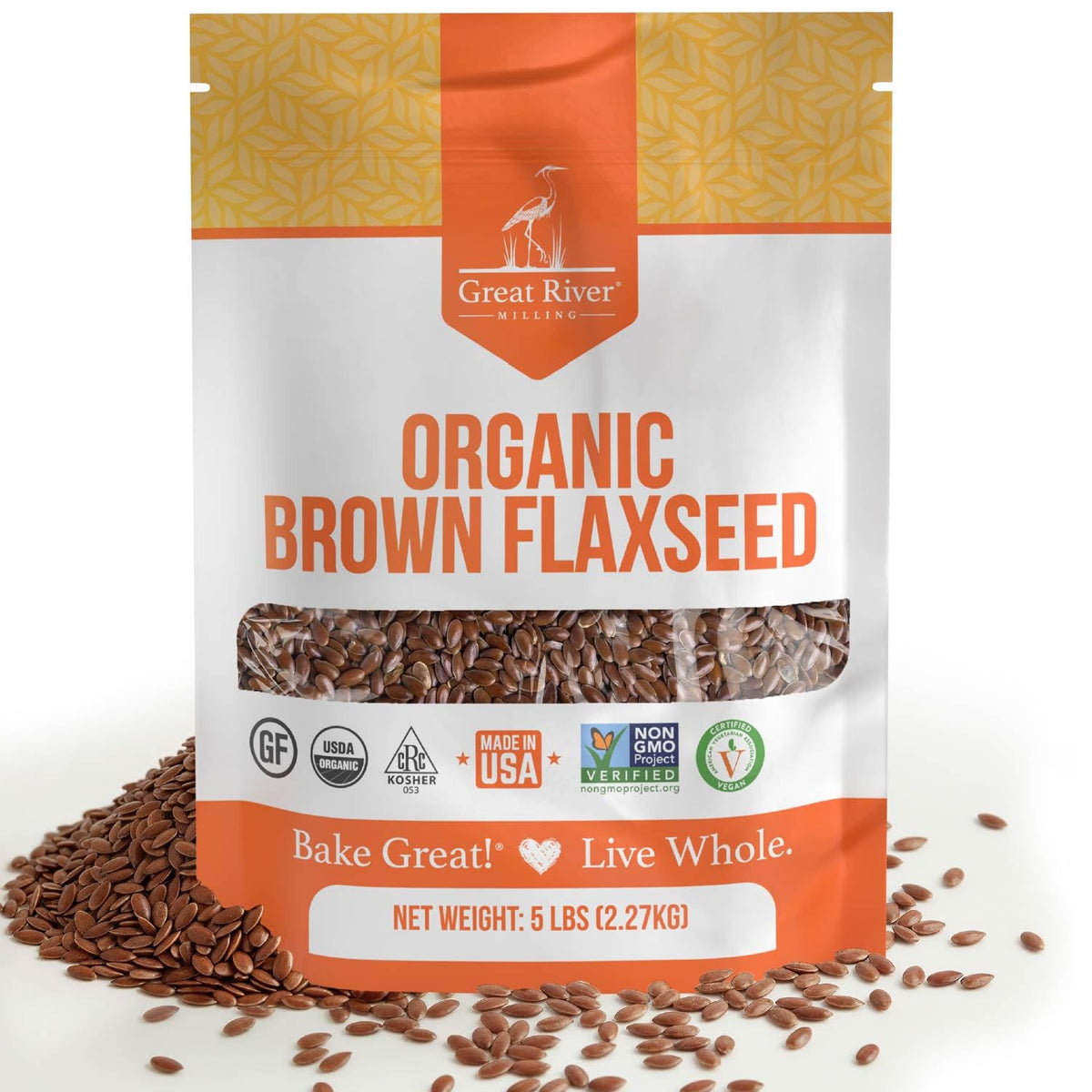 Great River Milling organic brown flaxseed whole bag ready for baking and smoothies, high in fiber.