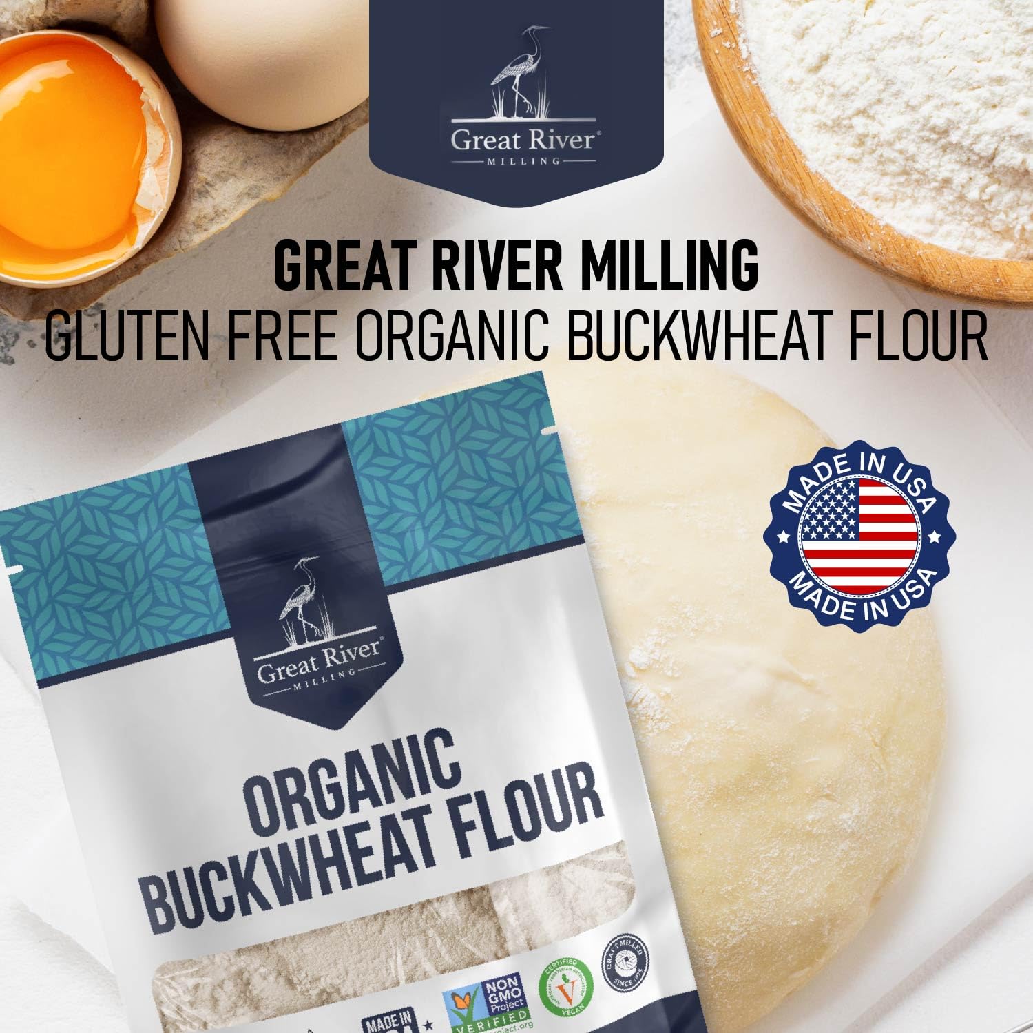 Great River Milling Organic Buckwheat Flour 5 lb bag for home bakers and kitchens.