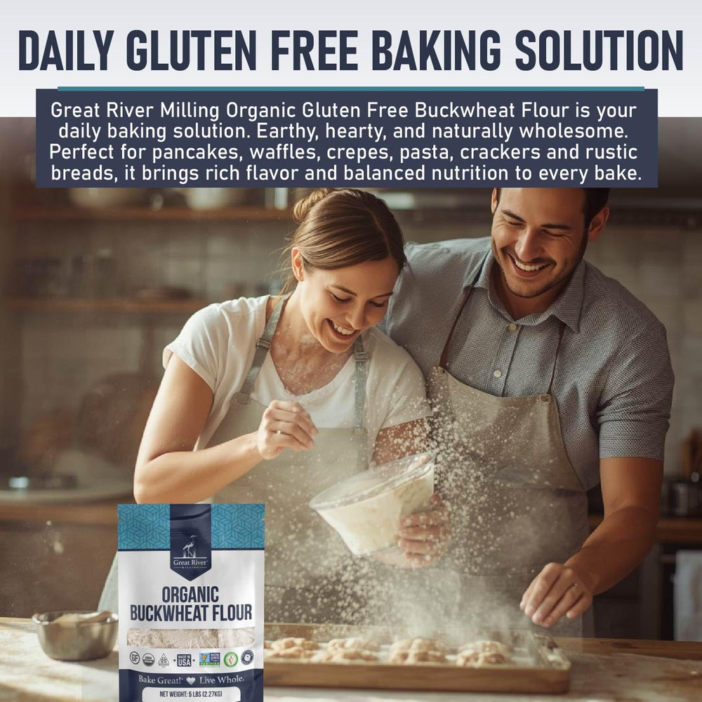 Great River Milling Organic Buckwheat Flour with measuring cup for clean-label baking.
