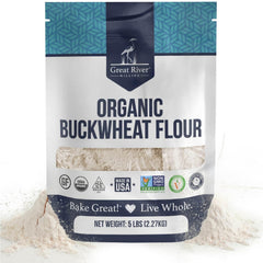 Great River Milling organic buckwheat flour packaging for gluten-free baking.