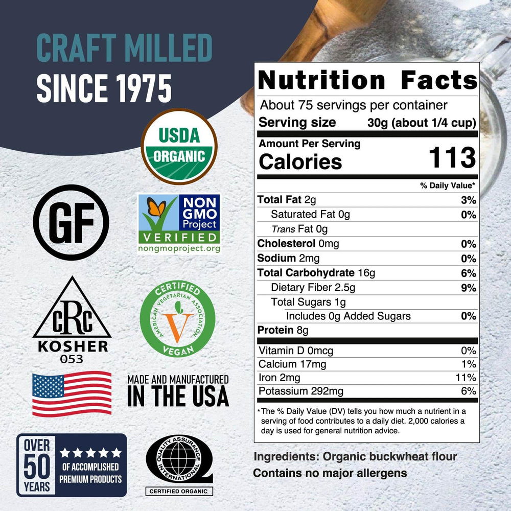 Great River Milling organic buckwheat flour being poured into a measuring cup for quick recipes.