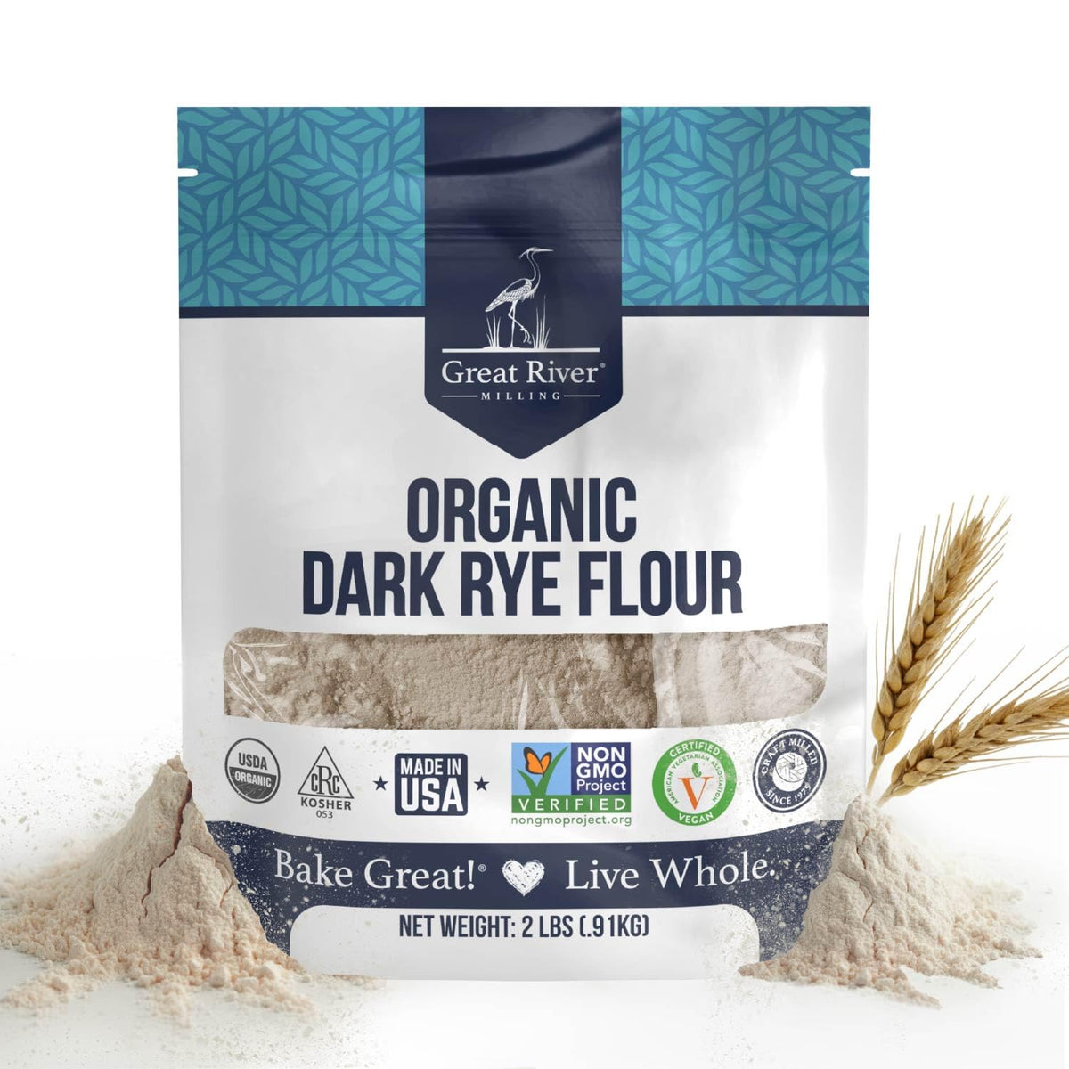 Great River Milling Organic Dark Rye Flour bag front, ideal for clean-label rye baking.