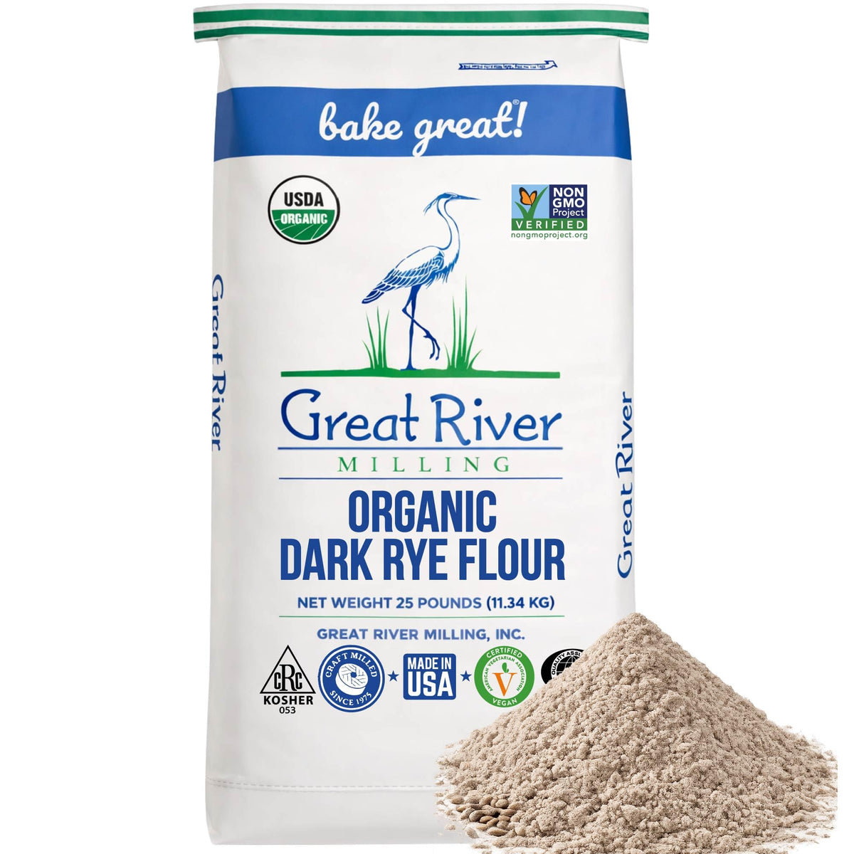 Great River Milling Organic Dark Rye Flour bag ideal for rye breads and sourdough starters.
