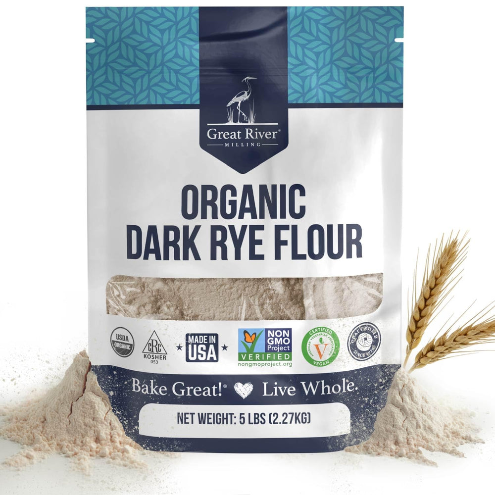 Great River Milling Organic Dark Rye Flour bag shows whole grain quality for hearty loaves