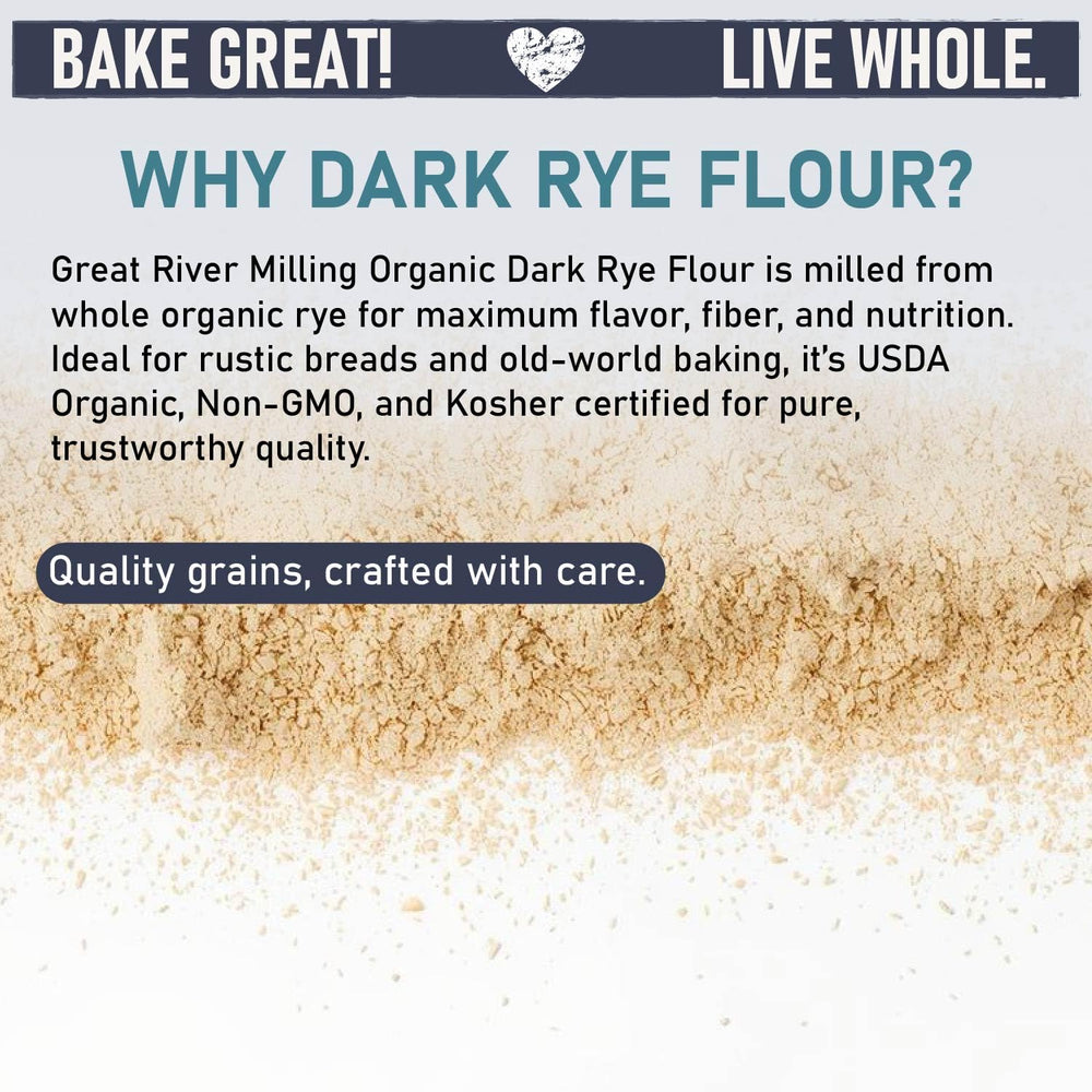 Great River Milling Organic Dark Rye Flour close-up reveals rich color and coarse bran texture.