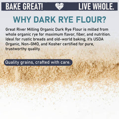 Great River Milling Organic Dark Rye Flour close-up reveals rich color and coarse bran texture.