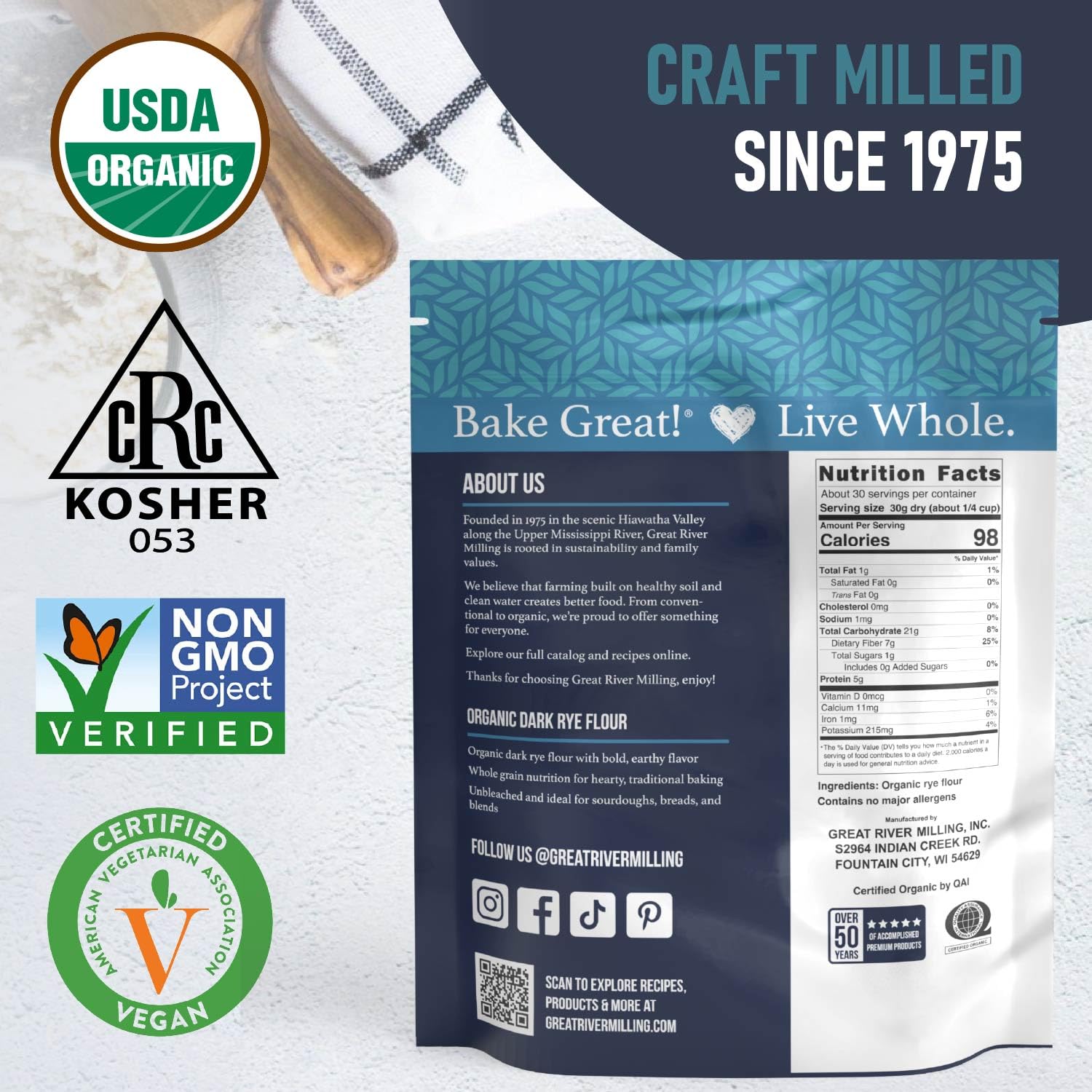 Great River Milling Organic Dark Rye Flour label shows clean-certifications for trusted baking results.