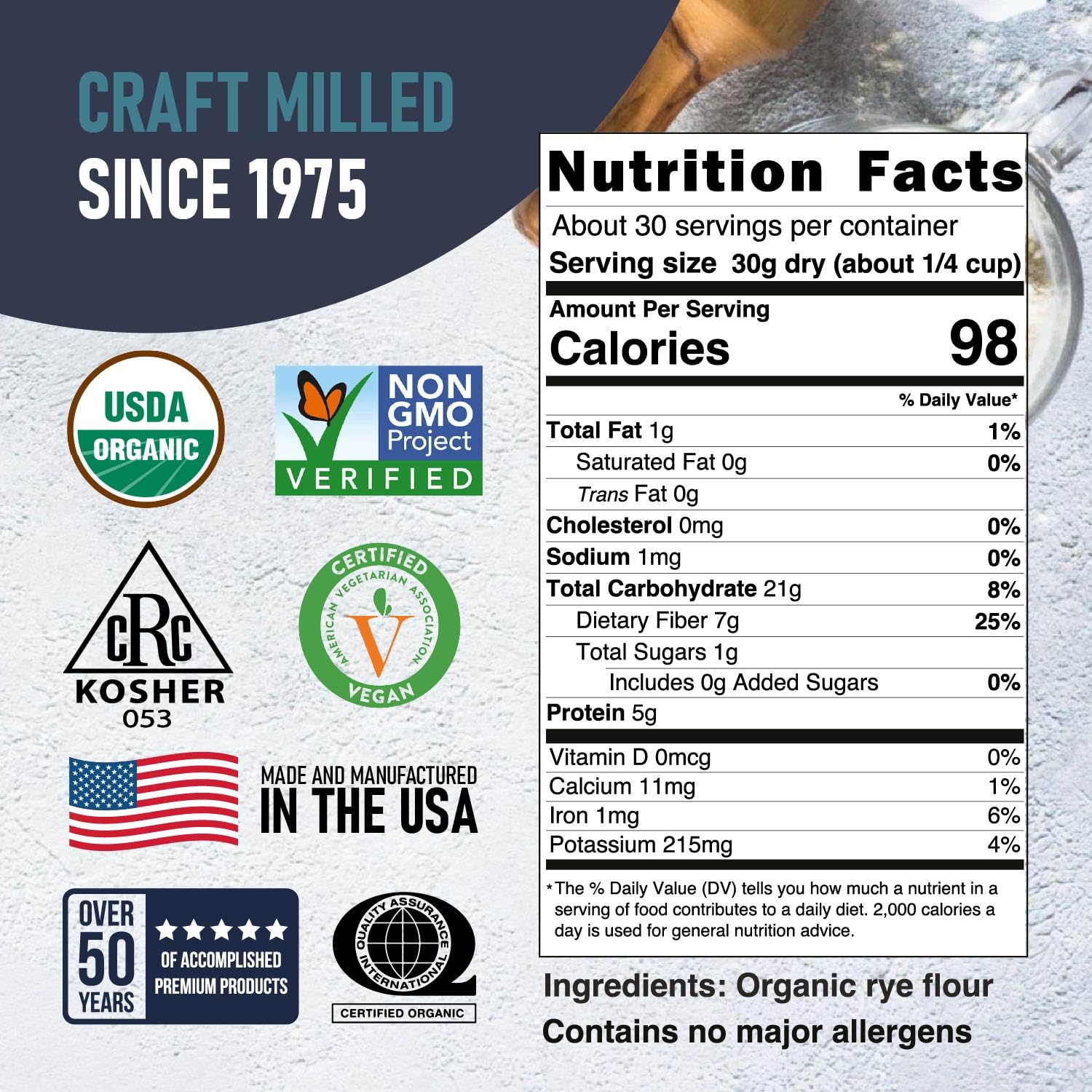 Great River Milling Organic Dark Rye Flour label displays organic, non-GMO, and kosher certifications.