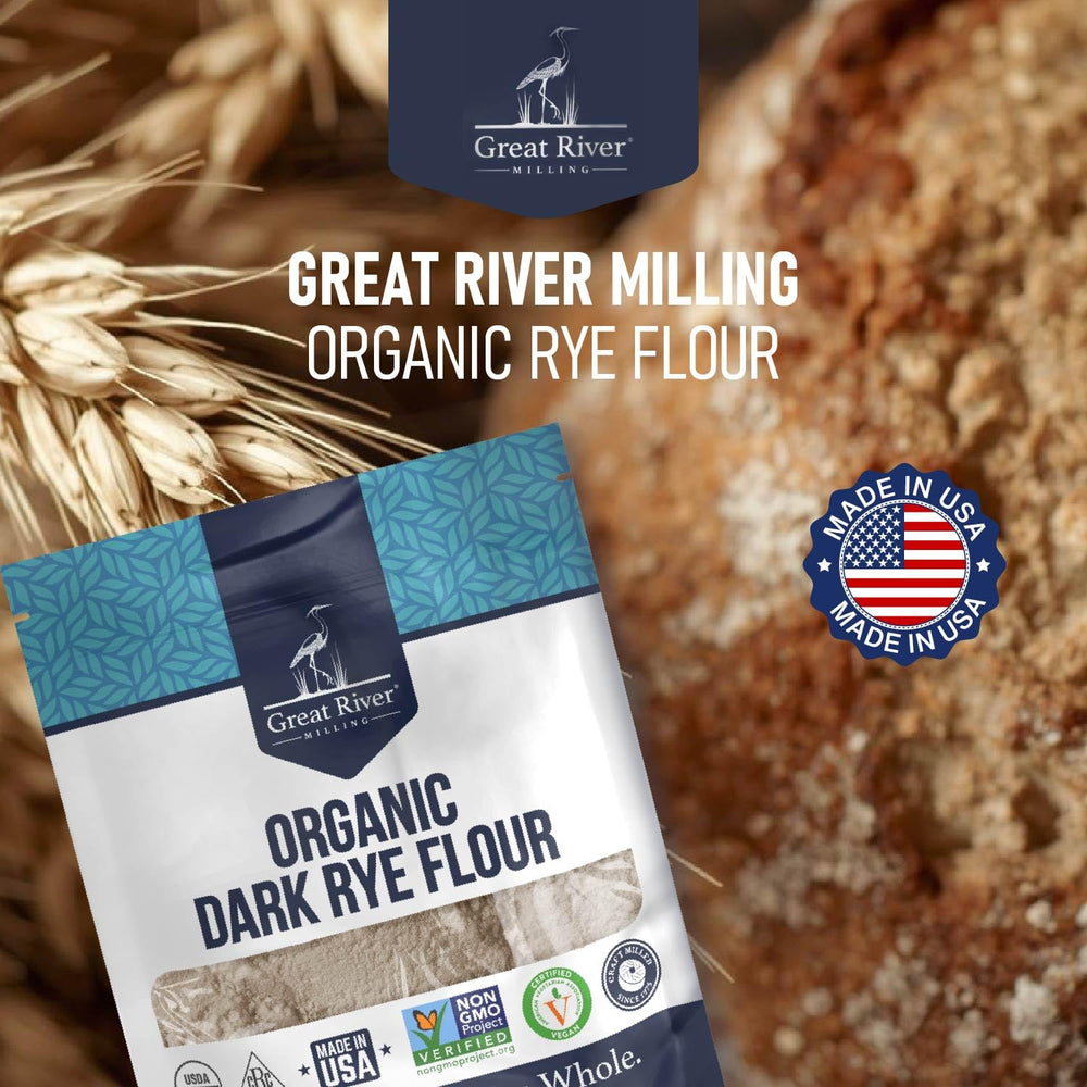 Great River Milling Organic Dark Rye Flour measuring cup setup for precise recipes.