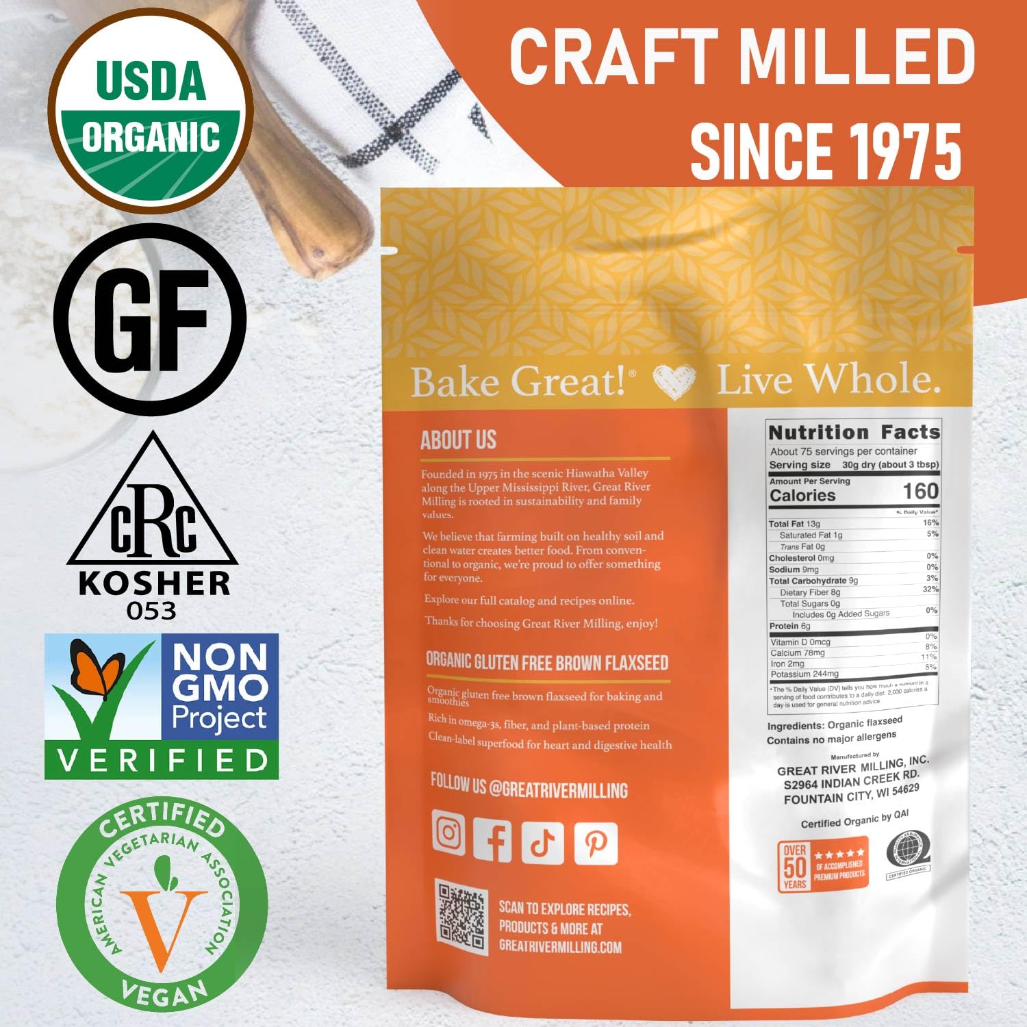 Great River Milling organic flaxseed with granola bowl, wholesome crunch.