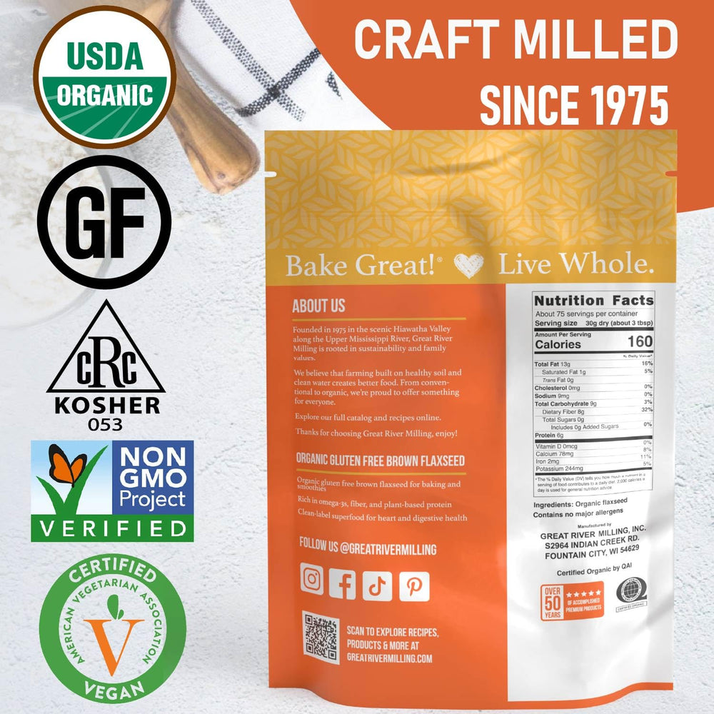 Great River Milling organic flaxseed with granola bowl, wholesome crunch.