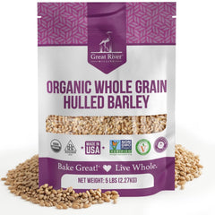 Great River Milling Organic Hulled Barley Grain 5 lb bag, ideal pantry staple for hearty meals.