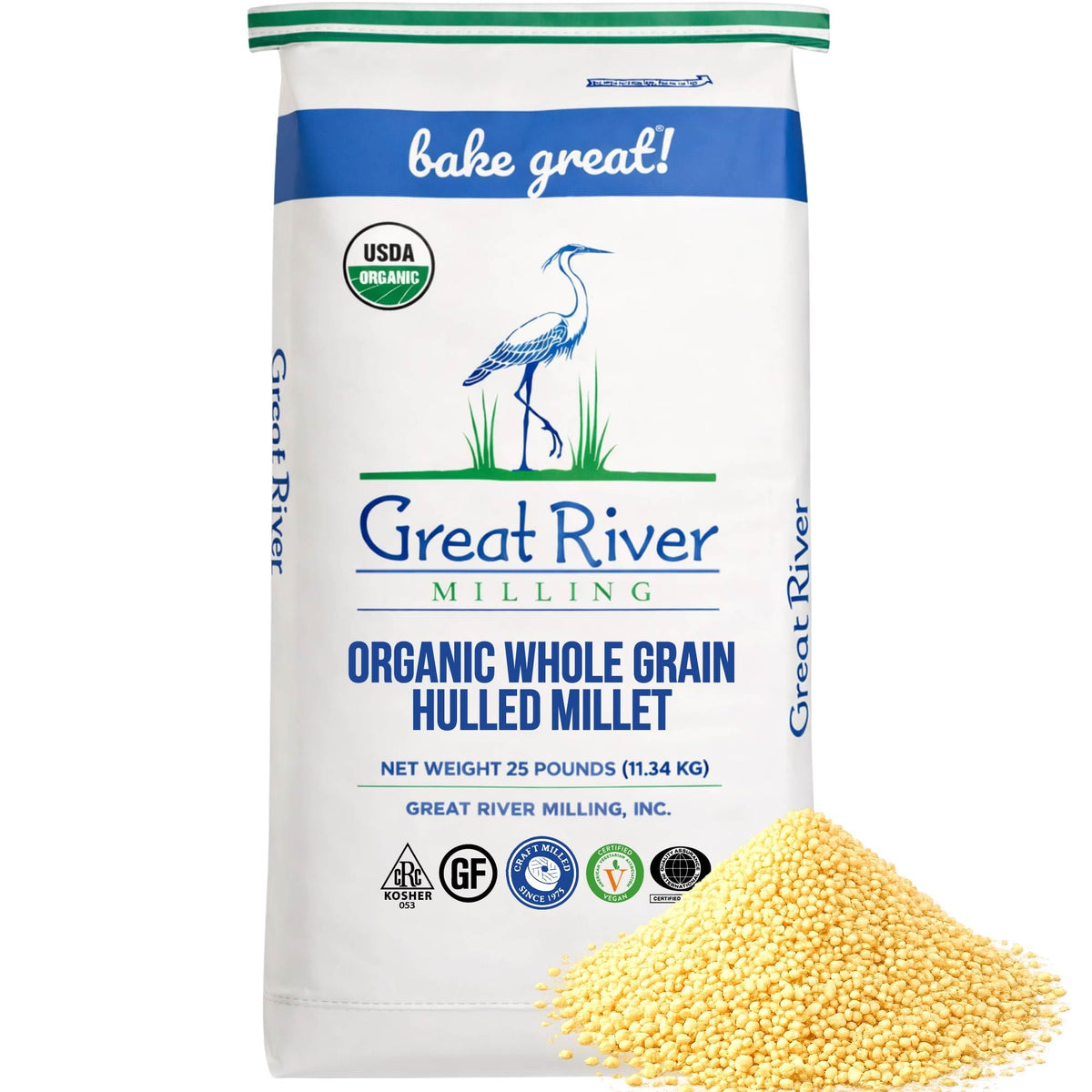 Great River Milling Organic Hulled Millet bag for gluten-free cooking.