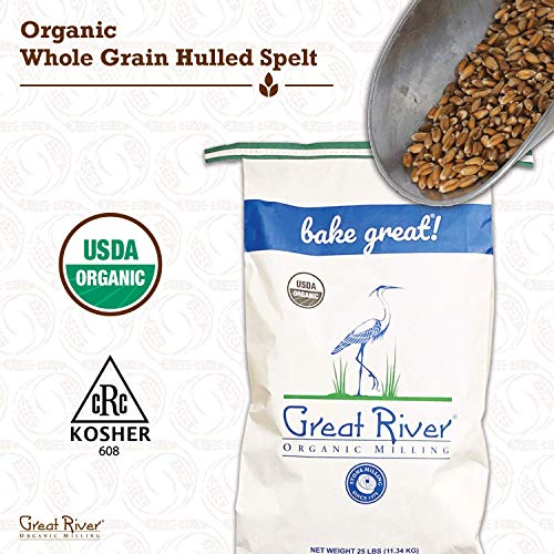 Great River Milling hulled spelt berries in a bowl highlighting high fiber and protein for hearty dishes