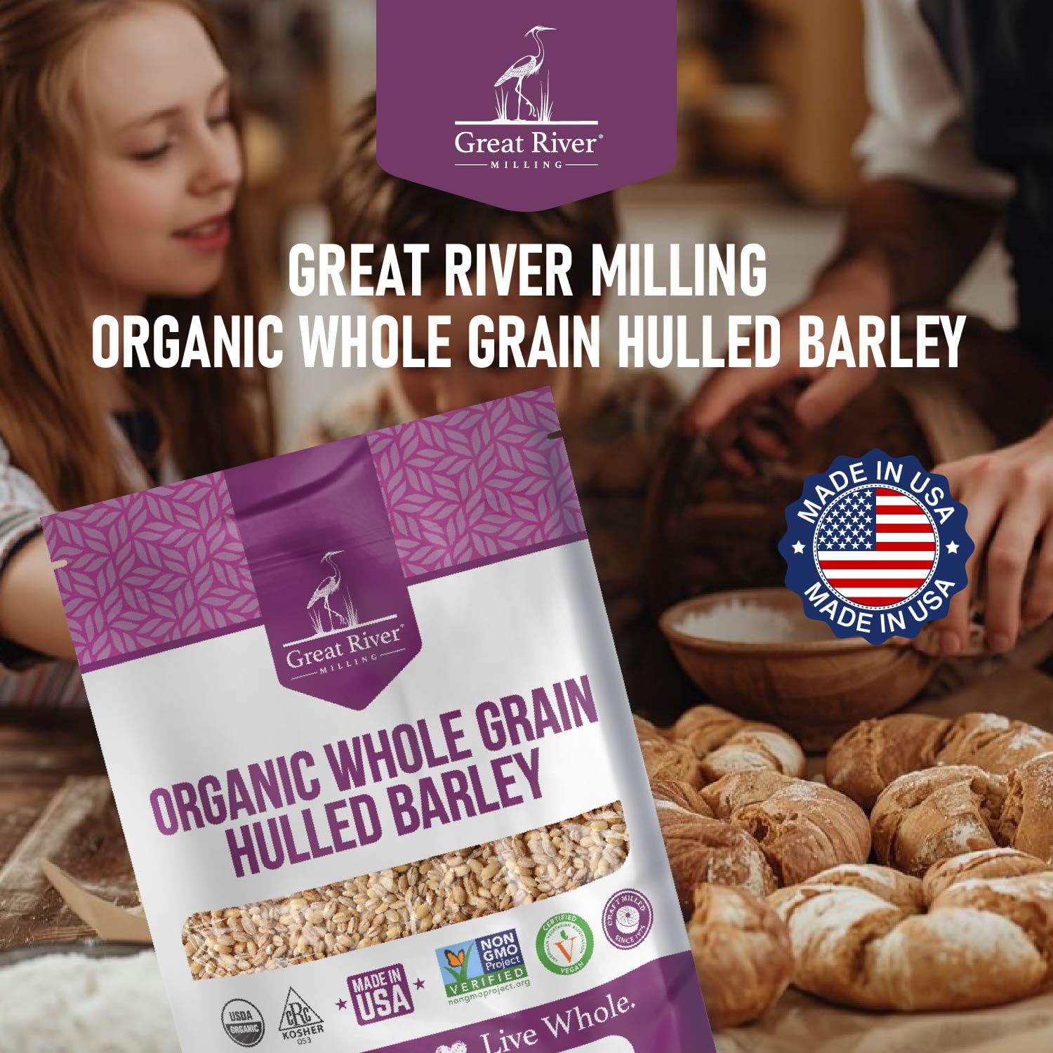 Great River Milling organic hulled barley with kosher certification symbol close-up.