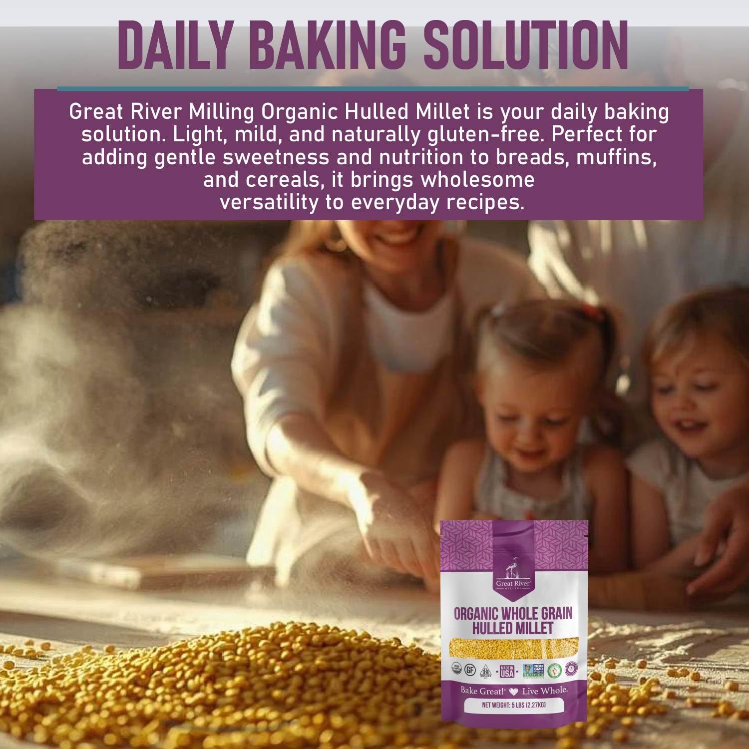Great River Milling organic label on packaging, clean-label confidence.