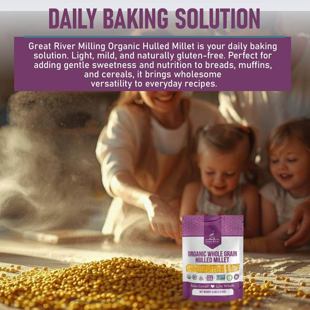 Great River Milling organic label on packaging, clean-label confidence.