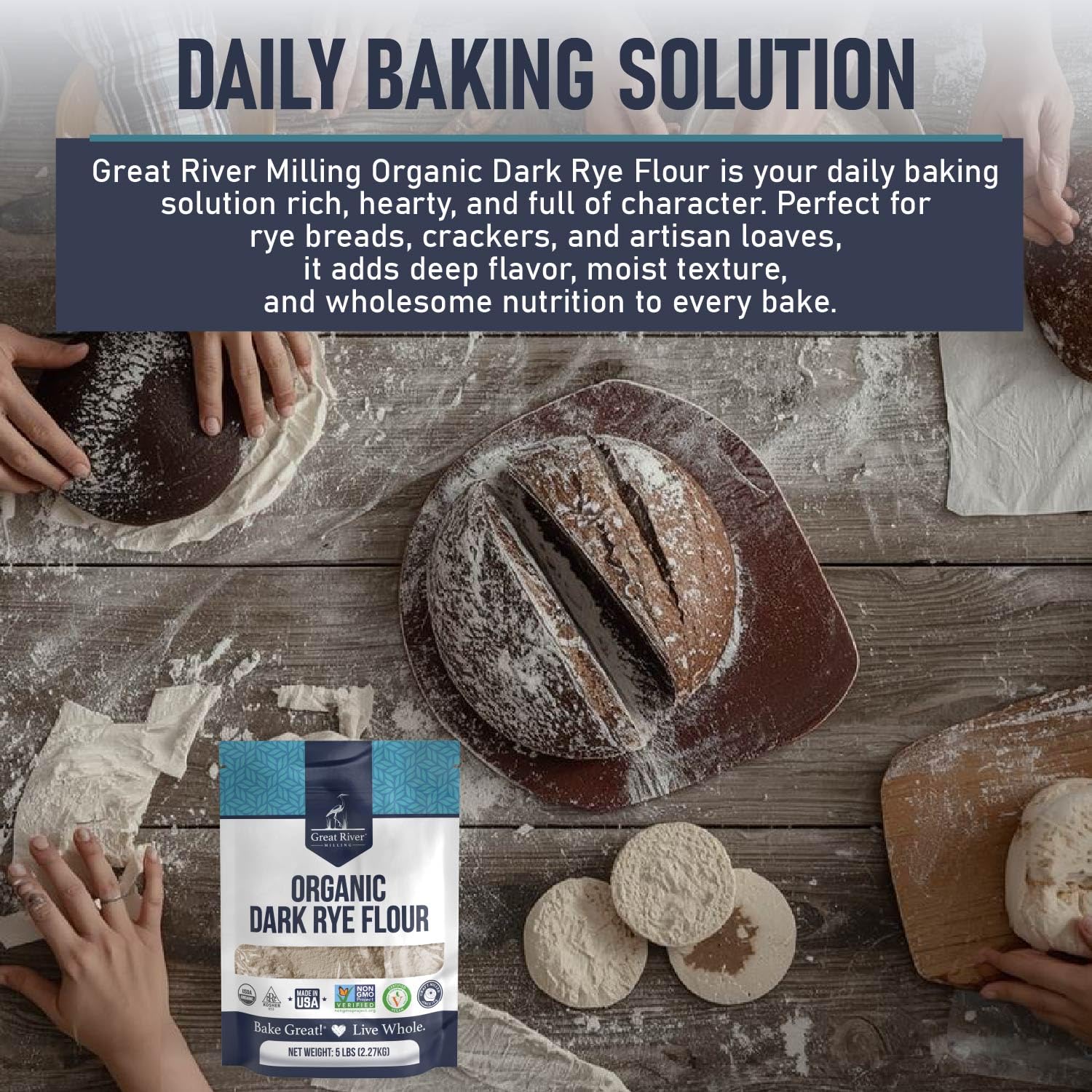 Kosher-certified Great River Milling rye flour label for clean-label baking