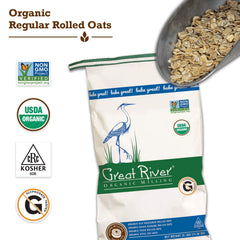Great River Milling Organic Old Fashioned Rolled Oats bulk bag, versatile for oatmeal, cookies, and granola.