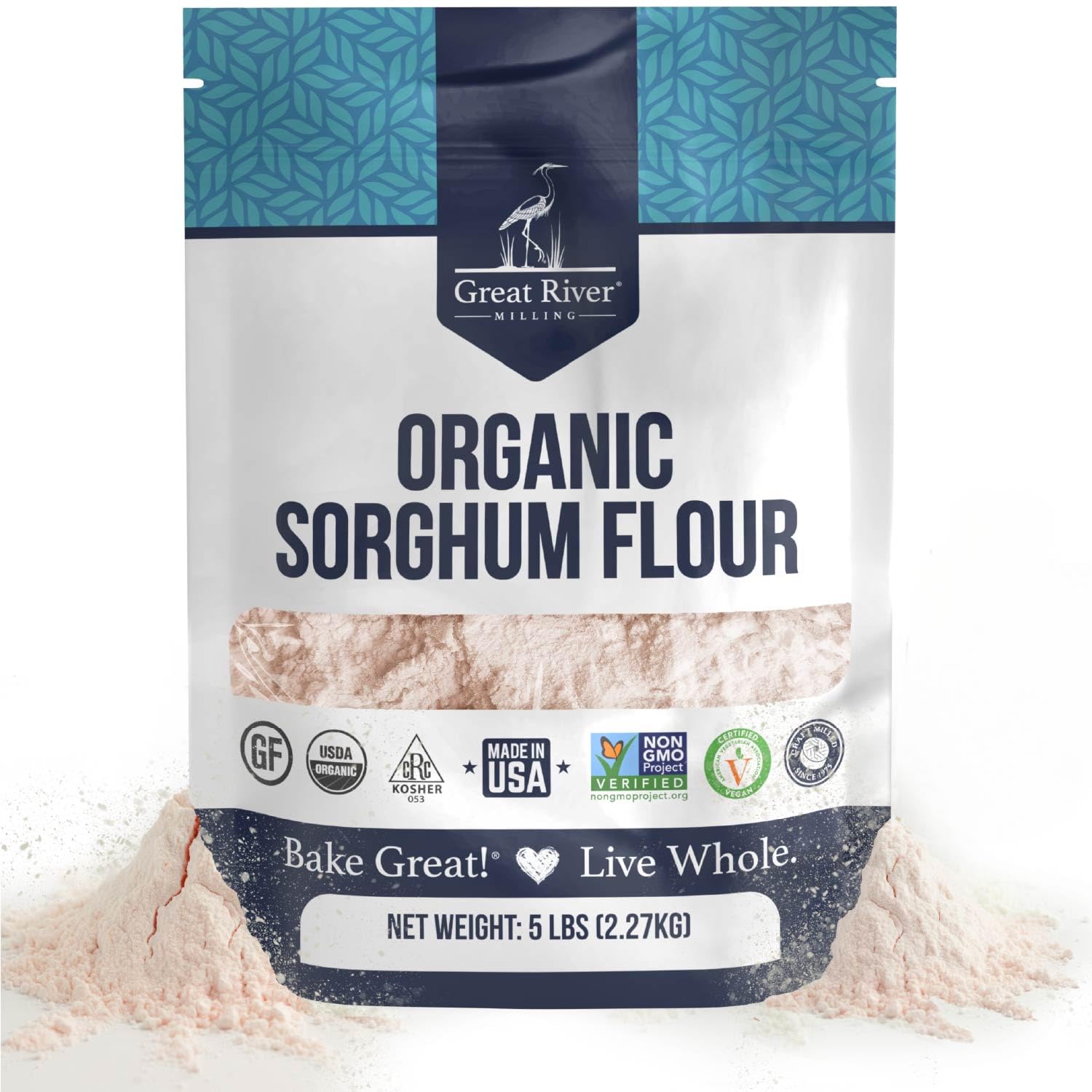 Great River Milling Organic Sorghum Flour bag 5lb showcases gluten free, fiber rich baking.