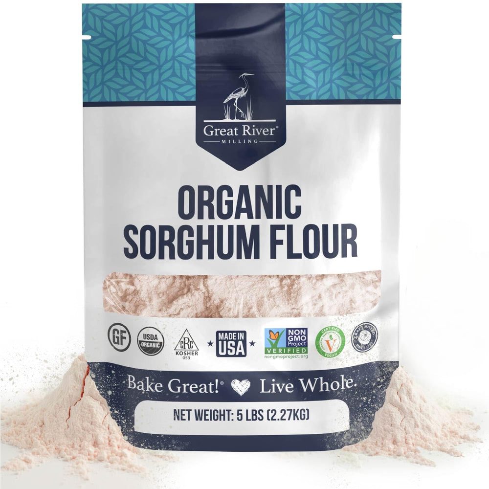 Great River Milling Organic Sorghum Flour bag 5lb showcases gluten free, fiber rich baking.