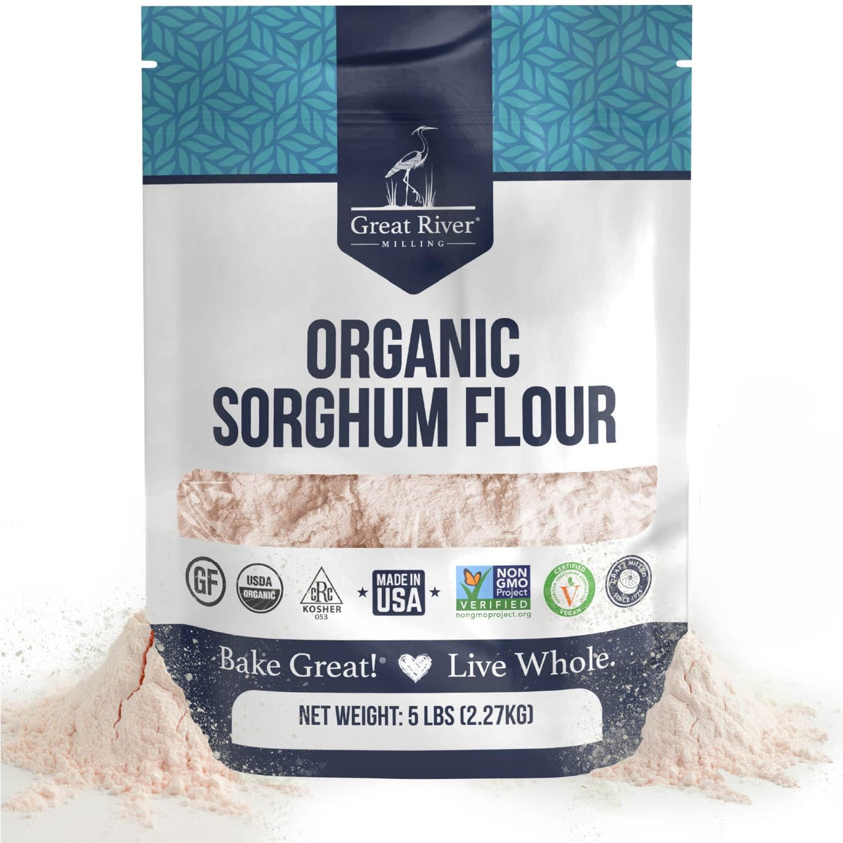 Great River Milling Organic Sorghum Flour bag 5lb showcases gluten free, fiber rich baking.