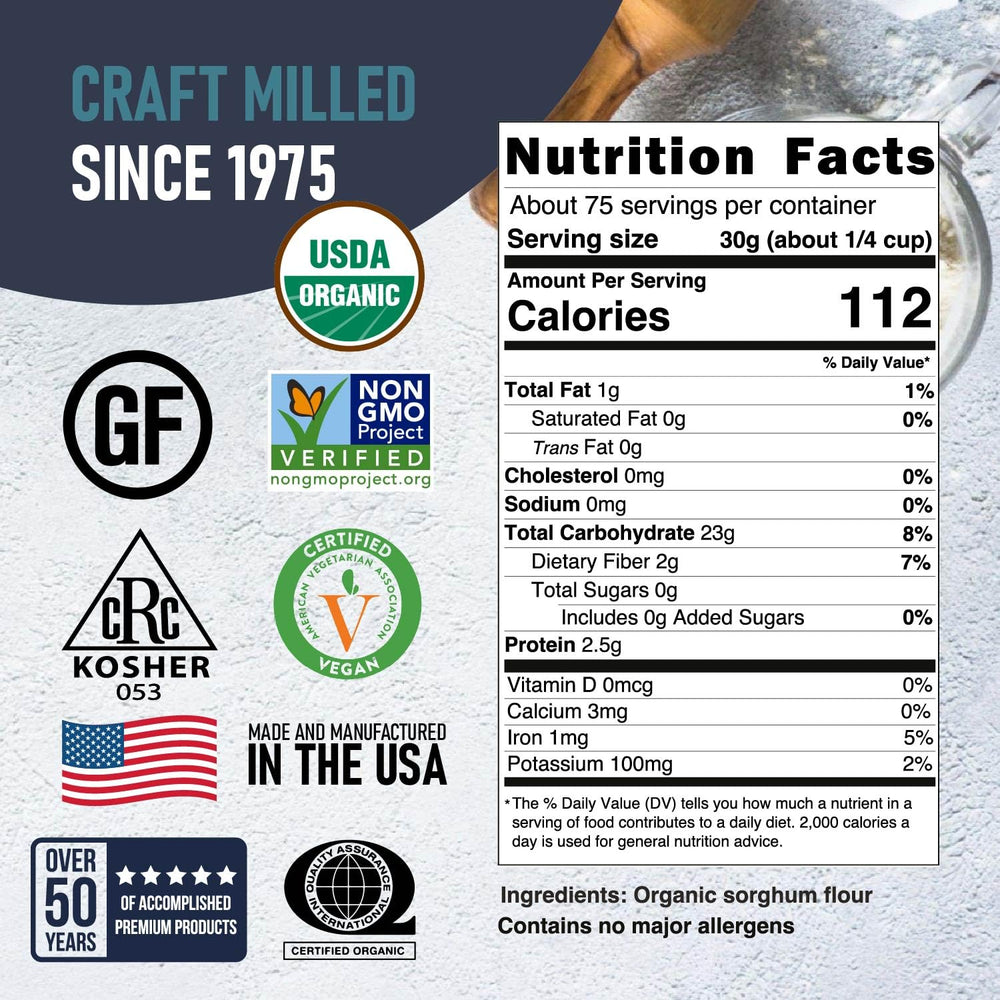 Great River Milling Organic Sorghum Flour measuring cup highlights versatile gluten free baking.
