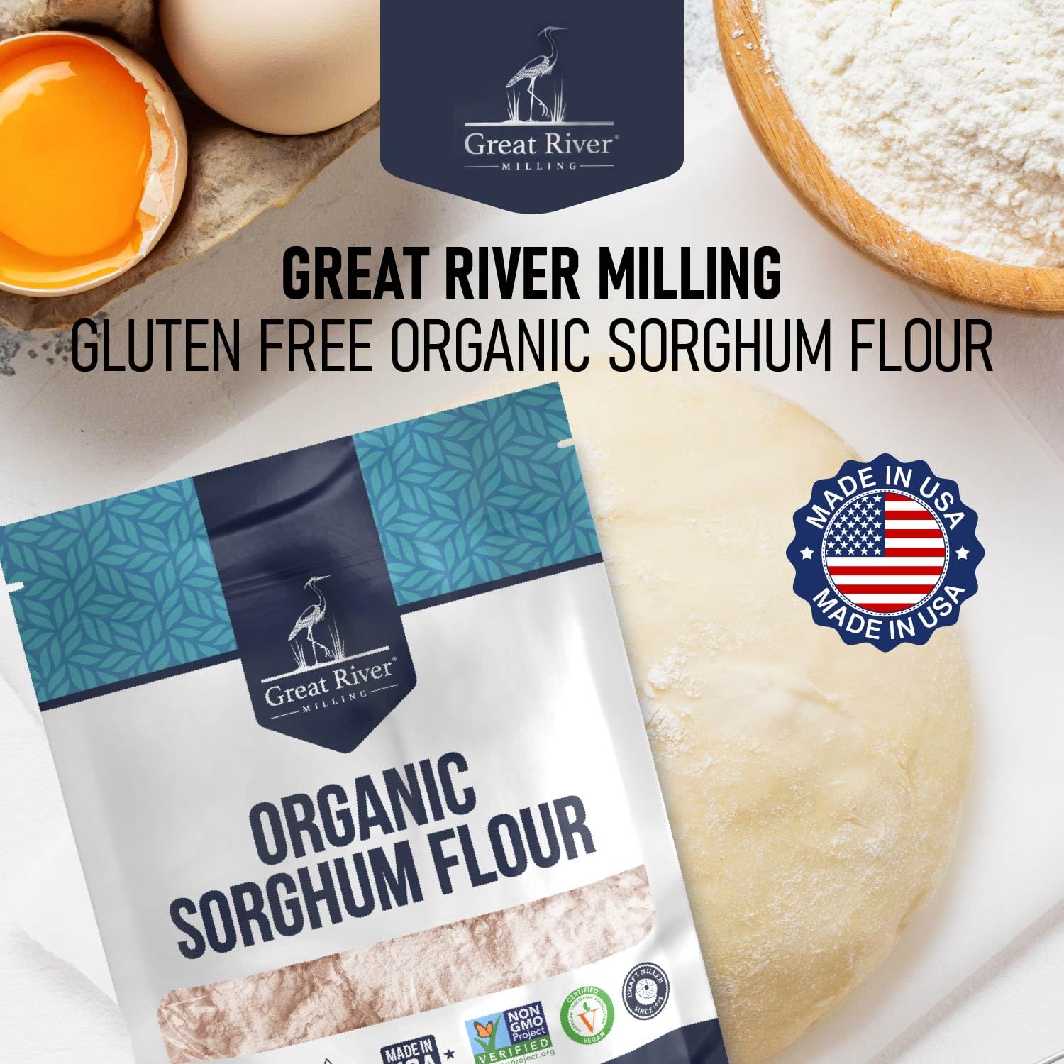 Great River Milling Organic Sorghum Flour package label signals organic and non-GMO quality.