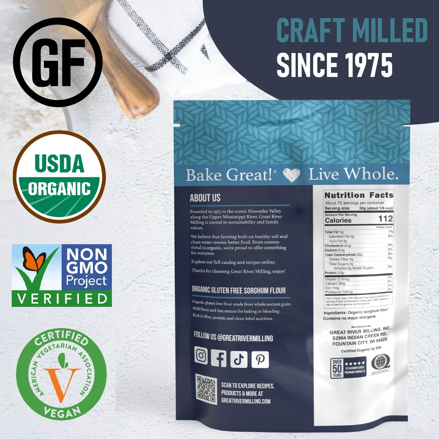 Great River Milling Organic Sorghum Flour vegan kosher certifications reassure diverse diets.