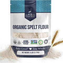 Great River Milling Organic Spelt Flour bag highlights premium whole grain for baking